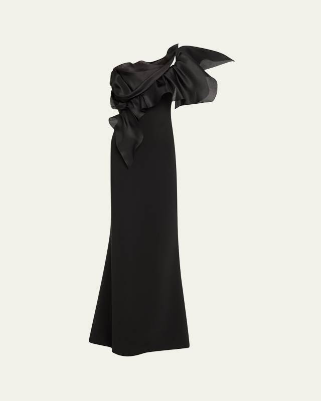 One-Shoulder Ruffle Stretch Crepe Gown